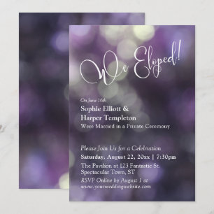 Paarse Bokeh Licht & "We Eloped" Typografie Kaart