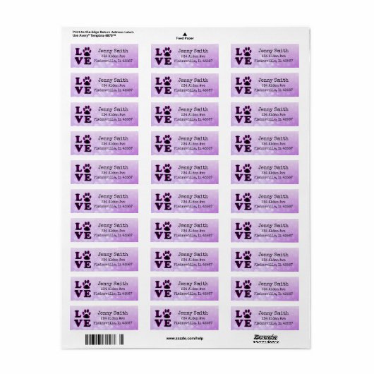Paarse Bokeh Love Paw Print Retouradreslabel Etiket (Full Sheet)