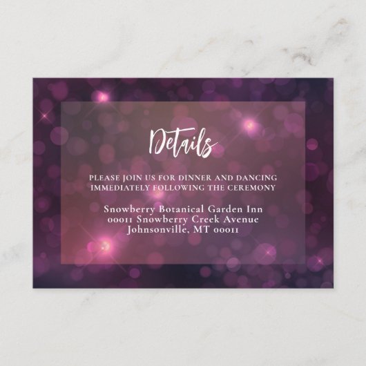 Paarse Bokeh Sparkle Silver String Lights Wedding Informatiekaartje (Voorkant)