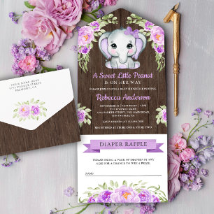 Paarse Boog Bloemige Olifant Schuur Houten Baby Sh All In One Uitnodiging
