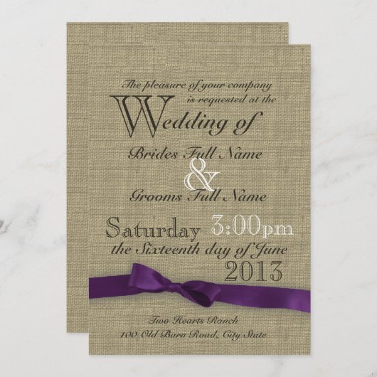 Paarse boog en rustieke burlap bruiloft kaart (Voorkant / Achterkant)