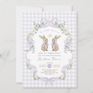 Paarse Boog Konijn Tweeling Baby Shower Kaart