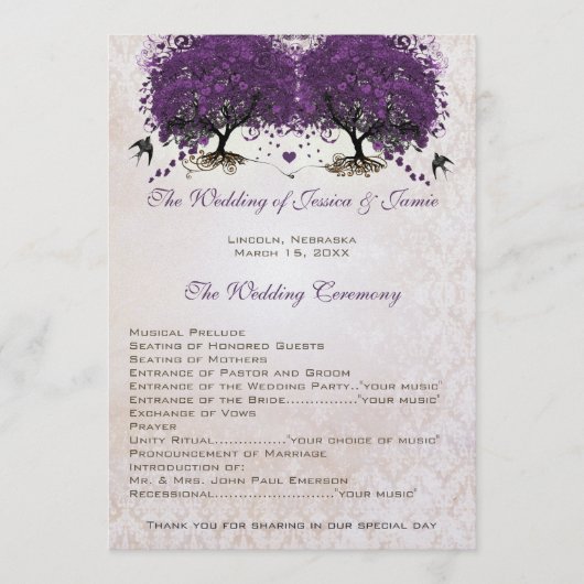 Paarse Boom  Tortelduifjes Damask Bruiloft Programma (Voorkant)
