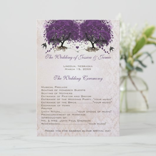 Paarse Boom  Tortelduifjes Damask Bruiloft Programma (Staand voorkant)