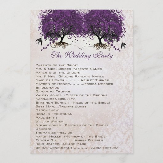 Paarse Boom  Tortelduifjes Damask Bruiloft Programma (Achterkant)