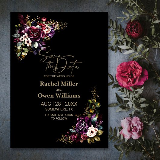 Paarse bordeaux zwart bloemenbruiloft Save the Dat Date