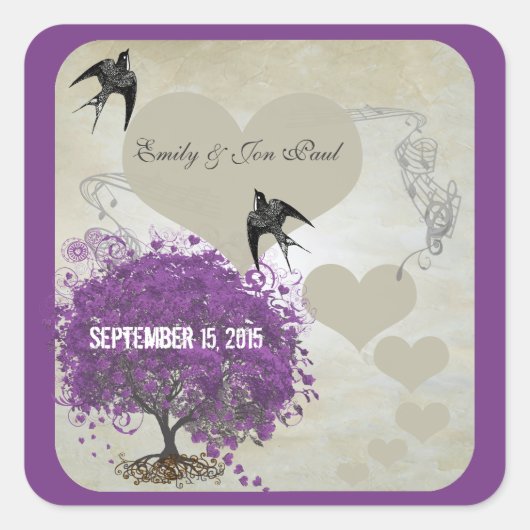 Paarse Borders Heart Leaf Tree Weddenschappen Vierkante Sticker (Voorkant)