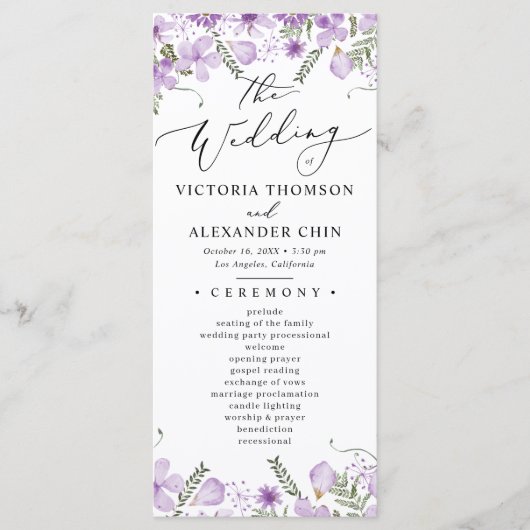 Paarse Botanische Bloemen Bruiloft Programma (Voorkant)