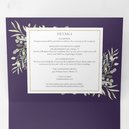 Paarse Botanische Groene Bladeren Foto Bruiloft Drieluik Uitnodiging (Binnenzijde eerst)