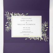 Paarse Botanische Groene Bladeren Foto Bruiloft Drieluik Uitnodiging (Binnenkant midden)