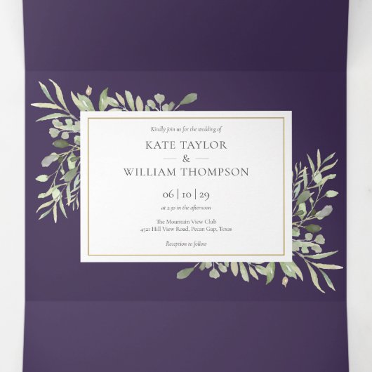 Paarse Botanische Groene Bladeren Foto Bruiloft Drieluik Uitnodiging (Binnenkant midden)