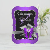 Paarse Bow Black Silver Birthday Kaart (Staand voorkant)