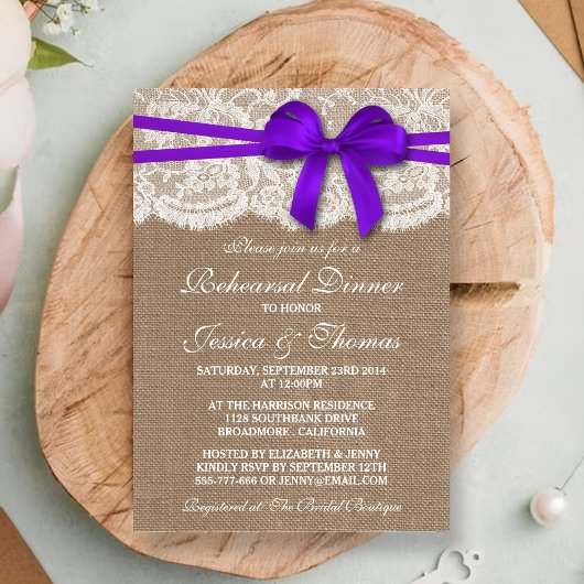 Paarse Bow Burlap & Lace Wedding Rehearsal Dinner Kaart