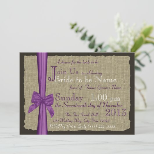 Paarse Bow en Burlap Vrijgezellenfeest Kaart (Staand voorkant)