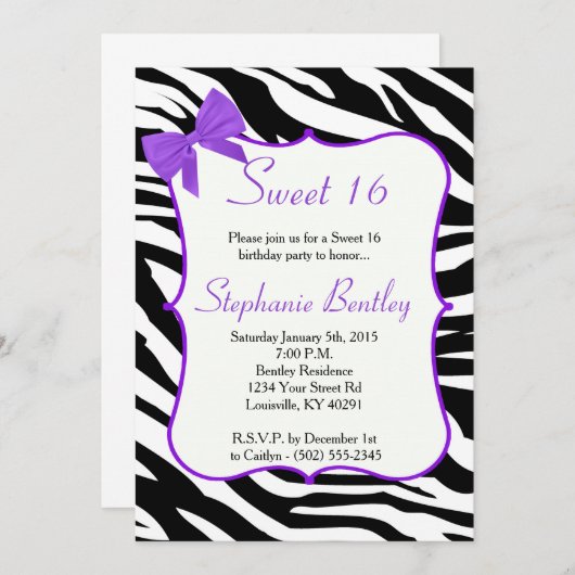 Paarse Bow en Zebra Sweet 16 uitnodiging van 16 se (Voorkant / Achterkant)