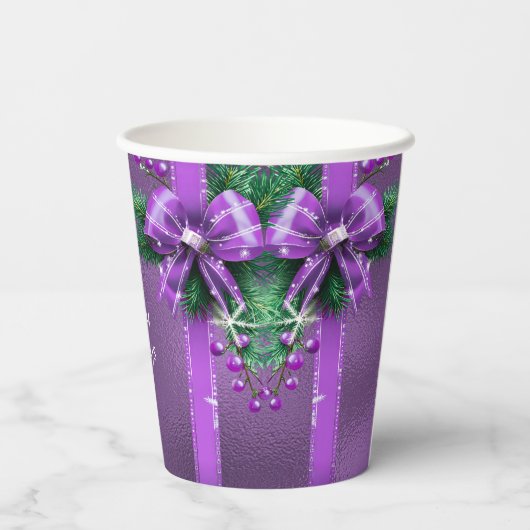 Paarse Bow Holiday Paper Cups Papieren Bekers (Achterkant)
