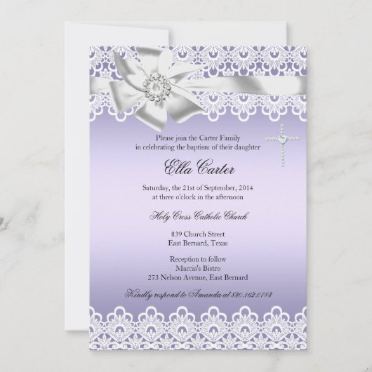 Paarse Bow Lace Cross Girl Baptism Kaart (Voorkant)