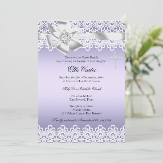 Paarse Bow Lace Cross Girl Baptism Kaart (Staand voorkant)
