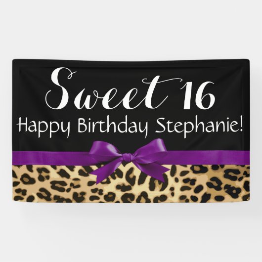 Paarse Bow Leopard Print Sweet 16 Birthday Party Spandoek (Horizontaal)