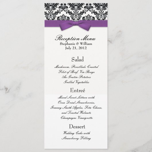 Paarse Bow met het Damask Wedding Reception Menu (Voorkant)