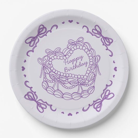 Paarse Bow Retro Hart Coquette Taart Verjaardag Papieren Bordje (Voorkant)
