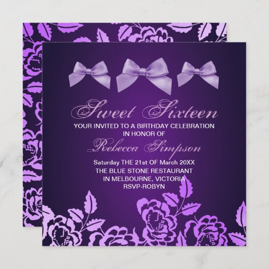Paarse Bow & Roos Sweet 16e verjaardag Uitnodiging (Voorkant / Achterkant)