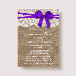 Paarse Bow Rustic Burlap & Lace Verloving Shower Kaart