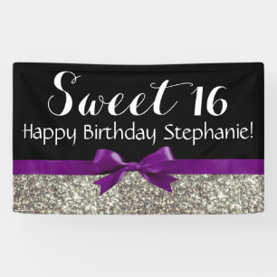 Paarse Bow Silver Glitter Sweet 16 Birthday Party Spandoek