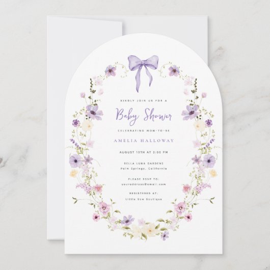 Paarse Bow Wildflower Arch Baby shower Uitnodiging (Voorkant)