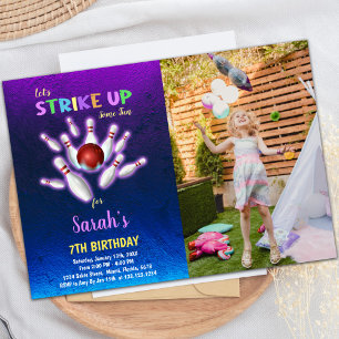 Paarse Bowling Birthday Uitnodigingen met foto