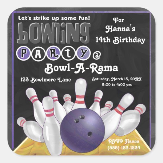 Paarse Bowling Party nodigt Sticker uit (Voorkant)