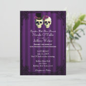 Paarse bruid bruidegom schedels bruiloft uitnodigi kaart (Staand voorkant)