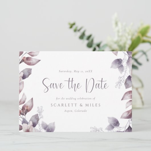 Paarse bruiloft bespaart de datum save the date (Staand voorkant)