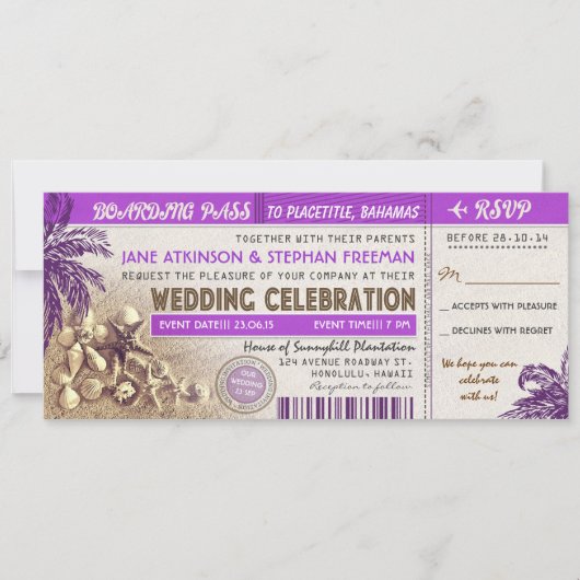 paarse bruiloft boarding pass tickets kaart (Voorkant)