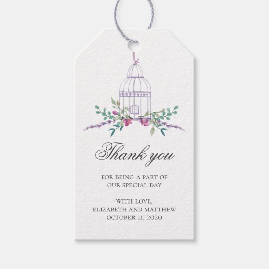 Paarse bruiloft dank u. Vogelkooi en bloemen Cadeaulabel (Voorkant)