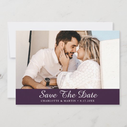 Paarse bruiloft foto bewaart datumkaarten save the date (Voorkant)