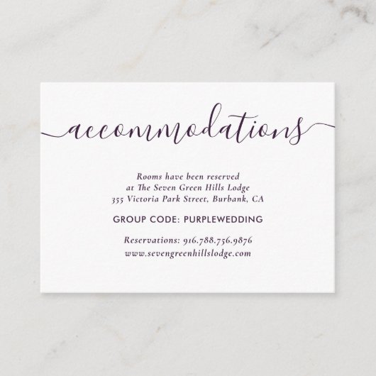 Paarse bruiloft hotel accommodatie Kaarten (Voorkant)