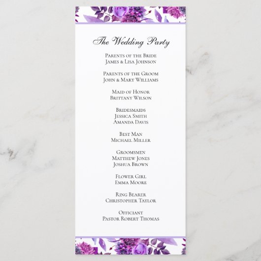 Paarse bruiloft programma. Waterverf bloemenceremo Programma (Achterkant)