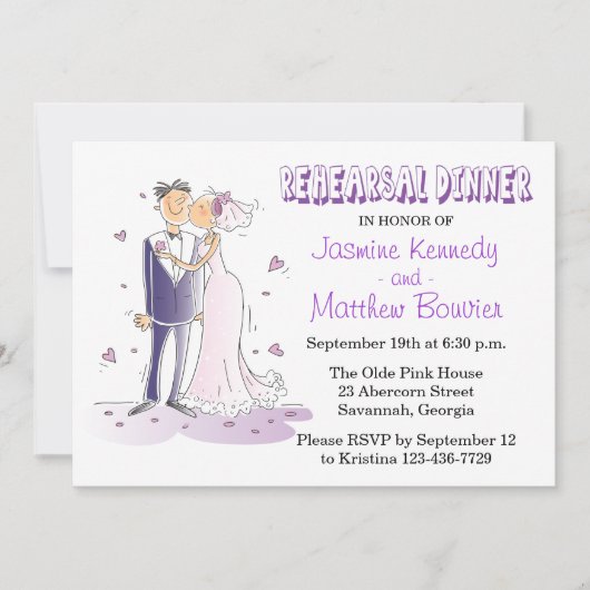 Paarse bruiloft repetitie diner bruid en bruidegom kaart (Voorkant)