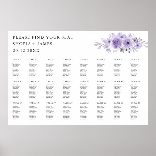 Paarse bruiloft zitplaatskaart Sjabloon Poster (Voorkant)