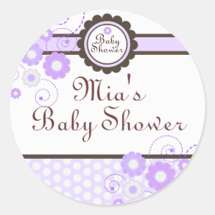 Paarse & Bruine Bloemige Design Baby Shower Sticke Ronde Sticker