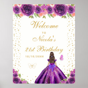 Paarse Bruine Haar Meisje Verjaardagsfeest Welkom Poster