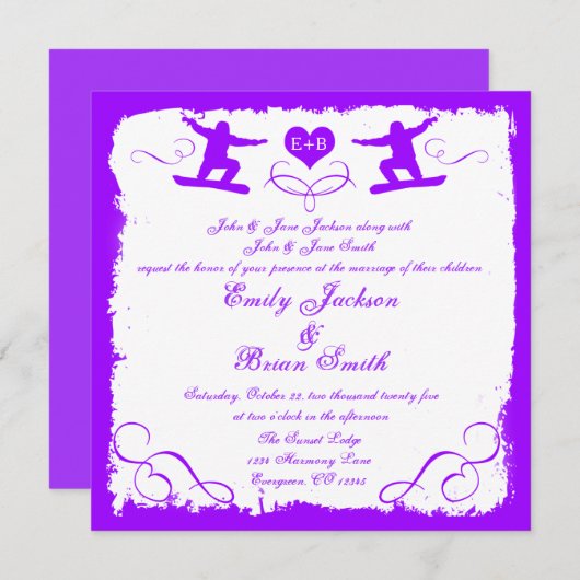 Paarse bruine sneeuwboarder huwelijksuitnodiging kaart (Voorkant / Achterkant)