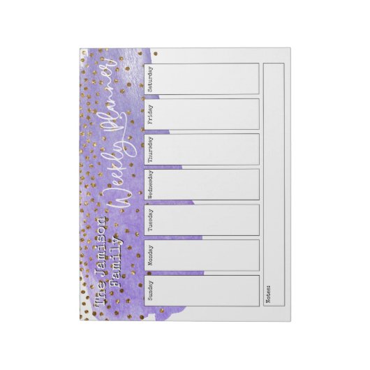 Paarse Brushstroke Gold Confetti Weekplanner Notitieblok (Gedraaid)