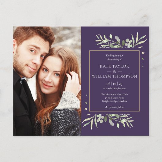 Paarse Budget Groene Foto Trouw Uitnodiging (Voorkant)