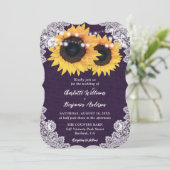 Paarse Burlap Bloemen Kant Zonnebloem Huwelijk Kaart (Staand voorkant)