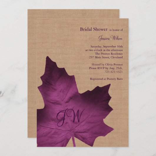 Paarse Burlap Monogrammed Bridal Shower Invitation Kaart (Voorkant / Achterkant)