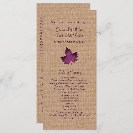 Paarse Burlap Monogrammed Wedding Programma (Voorkant / Achterkant)