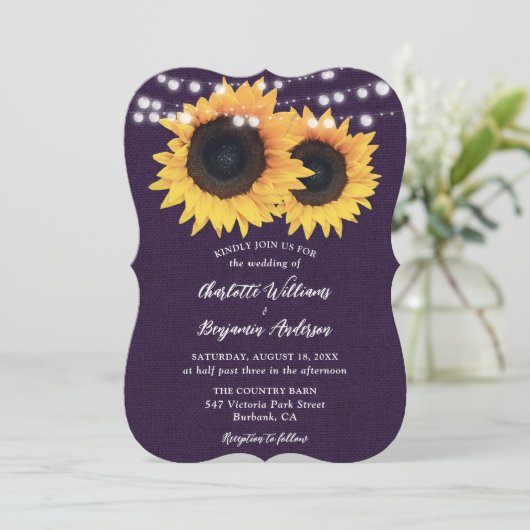 Paarse Burlap String Lights Sunflower Wedding Kaart (Staand voorkant)