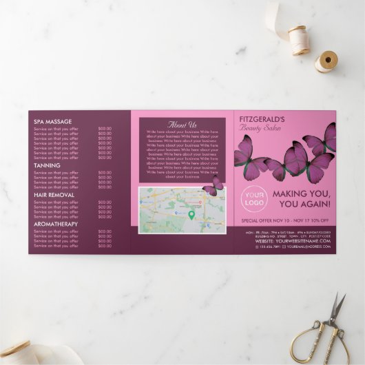 Paarse Butterflies, Beauty Salon Tri-Fold Flyer Drieluik Uitnodiging (Buitenkant)